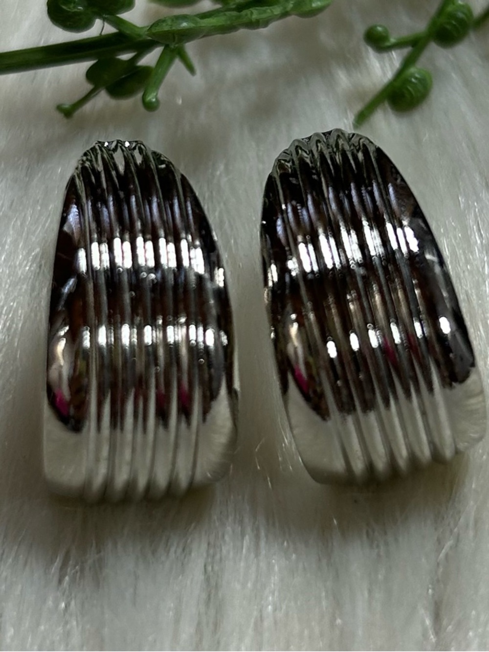 Polished Ribbed Silver tone Earrings